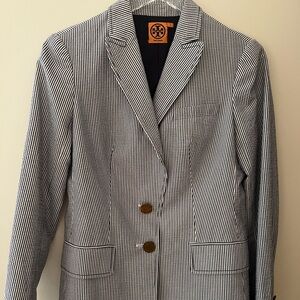 Tory Burch seersucker blazer with brass buttons